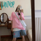Lunivop Love Embroidery Women’s Blue Wide Leg Denim Shorts Hip Hop Street Summer New Female High